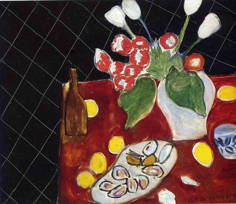 Tulips and oysters on a black background<br>1943, 61 x 73 cmParis, musée Picasso<br>现收藏于：